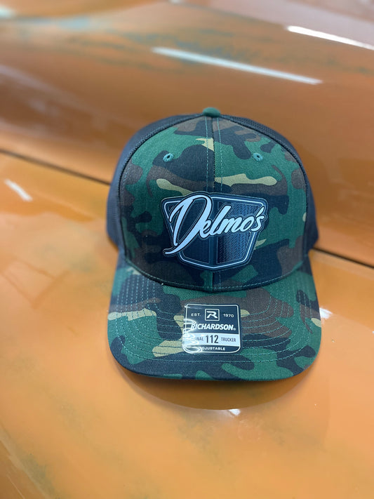 Delmo's 3D Logo Precurved Bill  Snapback in Army Camo/Black Mesh