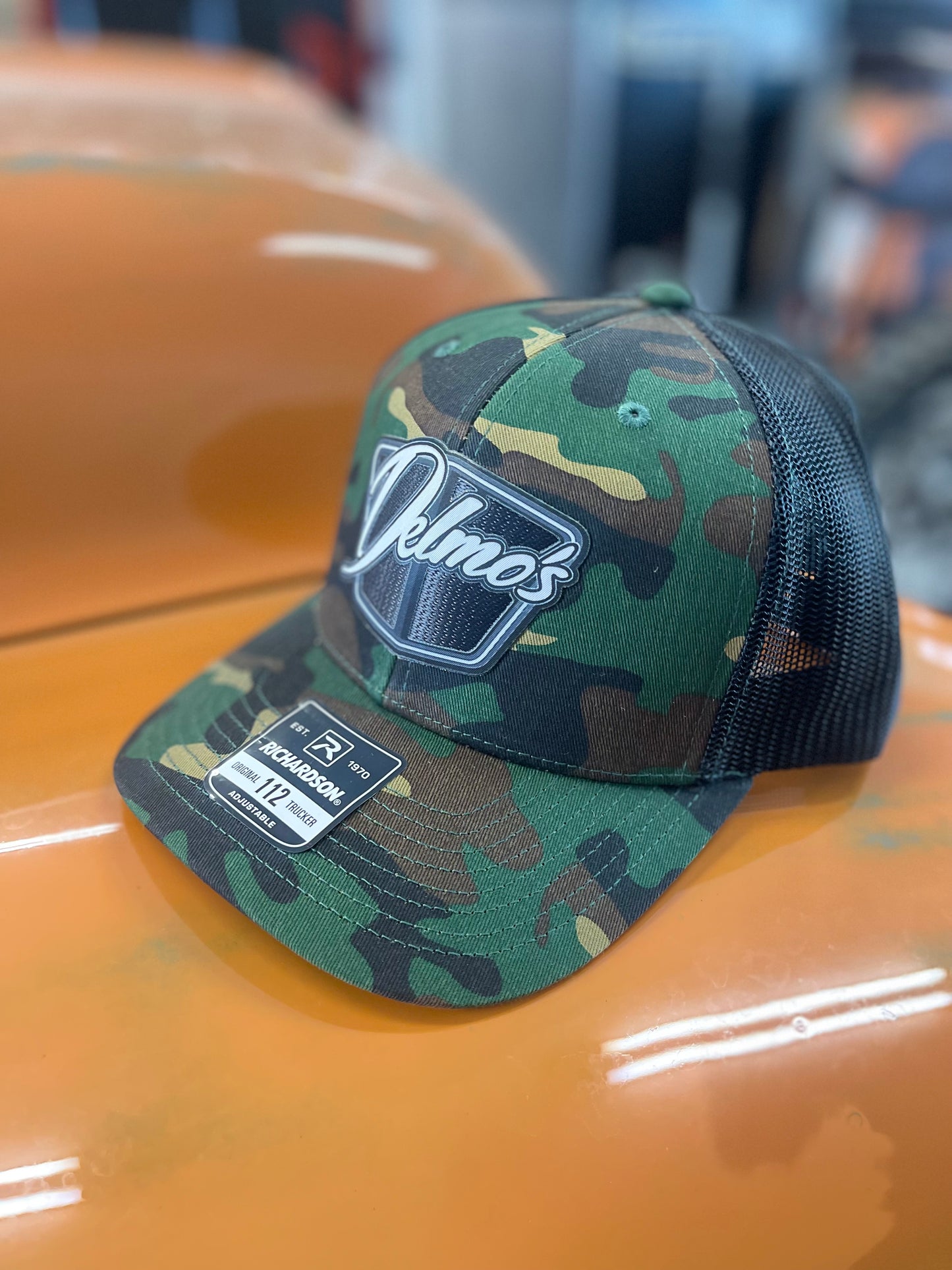 Delmo's 3D Logo Precurved Bill  Snapback in Army Camo/Black Mesh