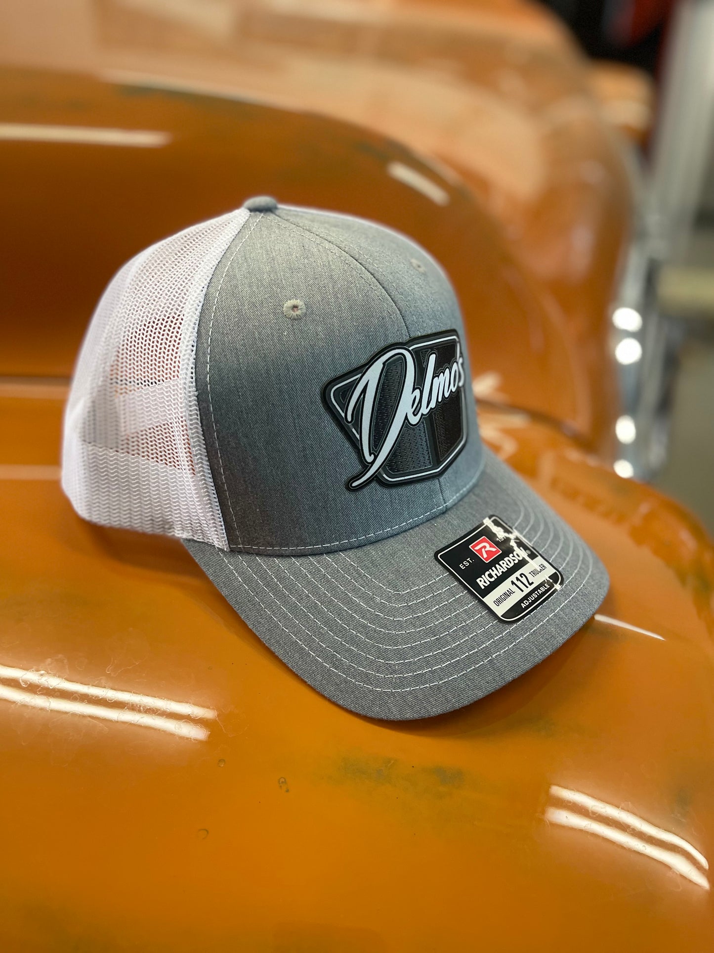 Delmo's 3D Logo Precurved Bill Snapback in Heather Grey/White Mesh