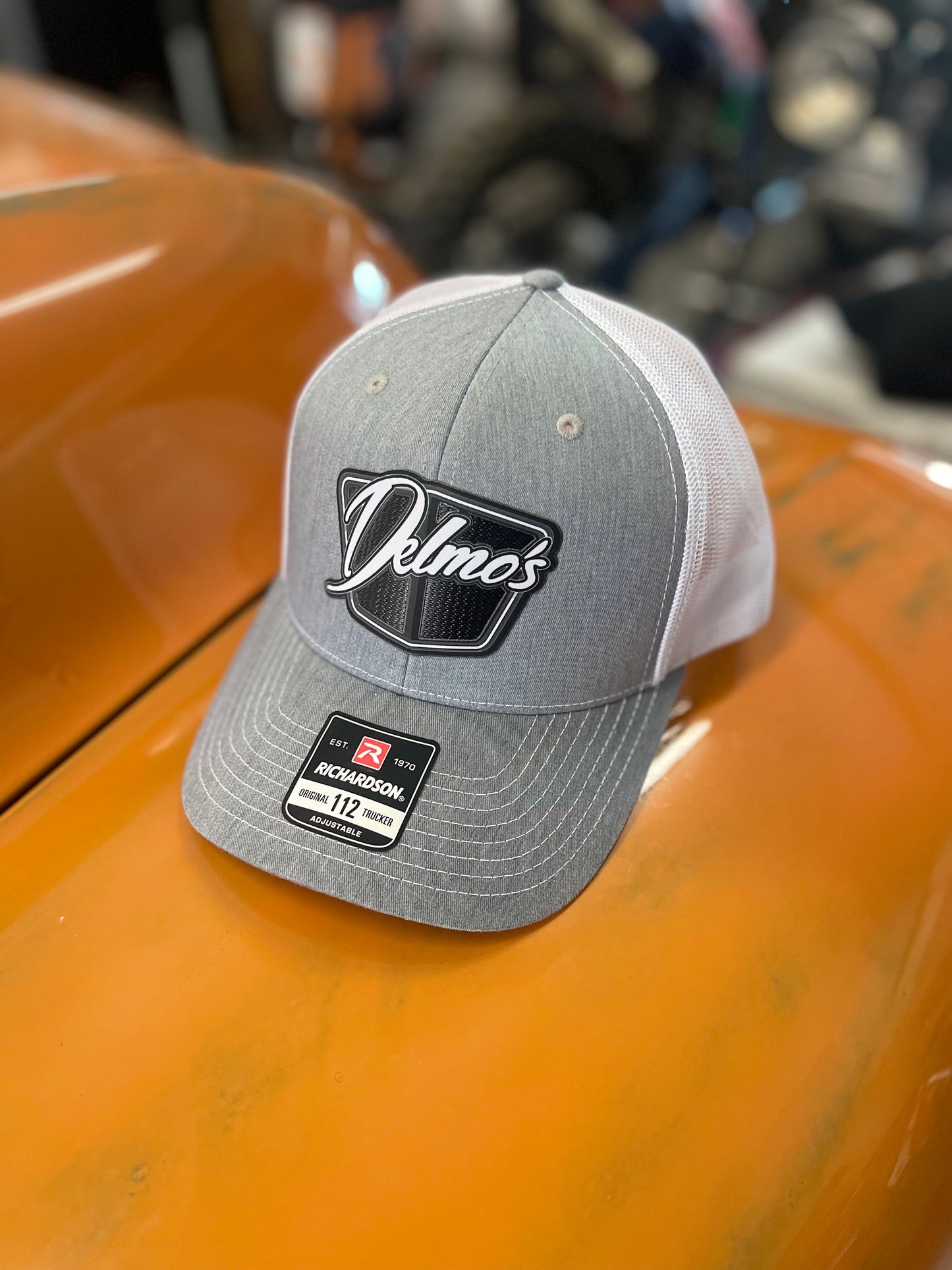 Delmo's 3D Logo Precurved Bill Snapback in Heather Grey/White Mesh