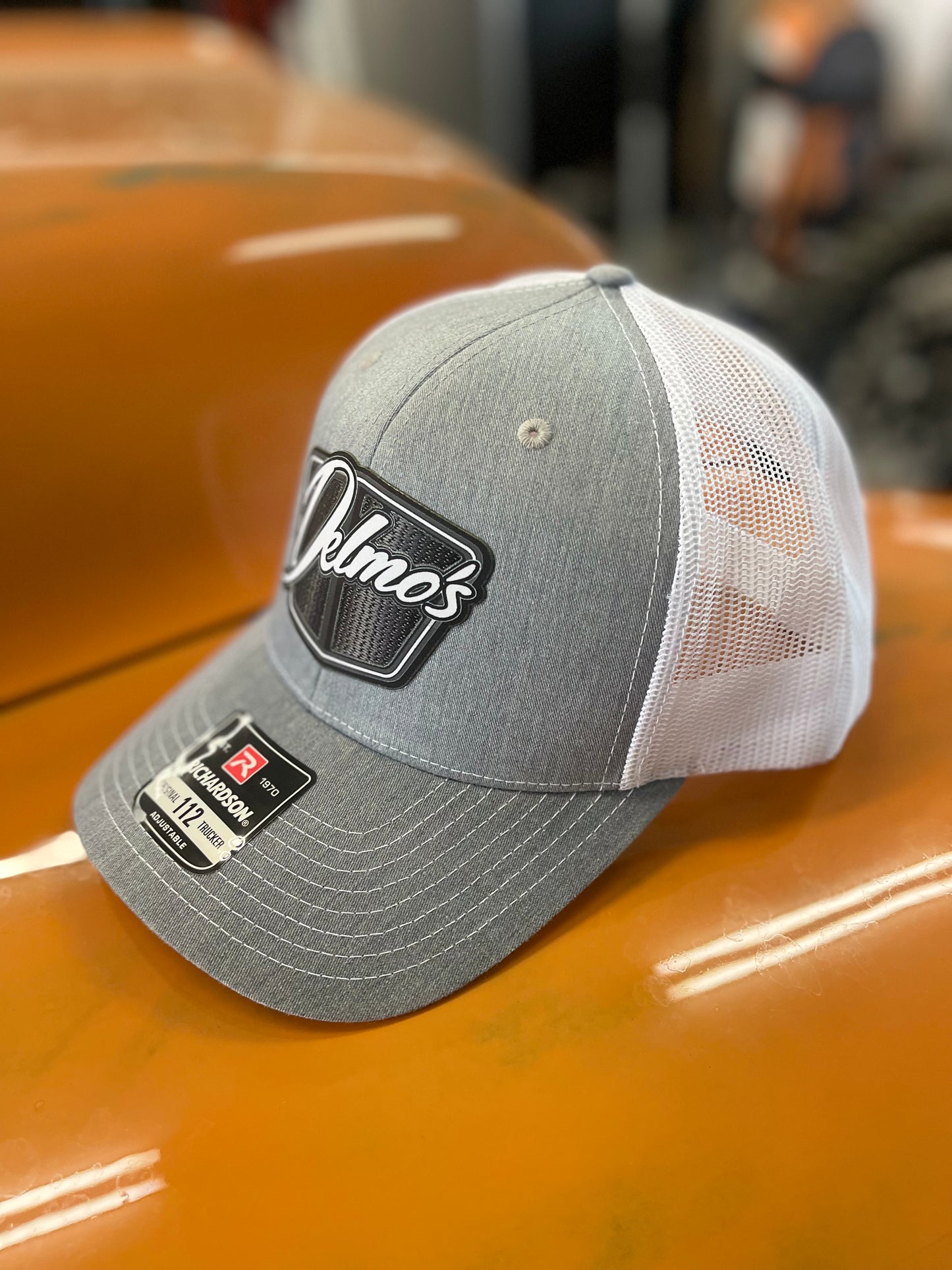 Delmo's 3D Logo Precurved Bill Snapback in Heather Grey/White Mesh