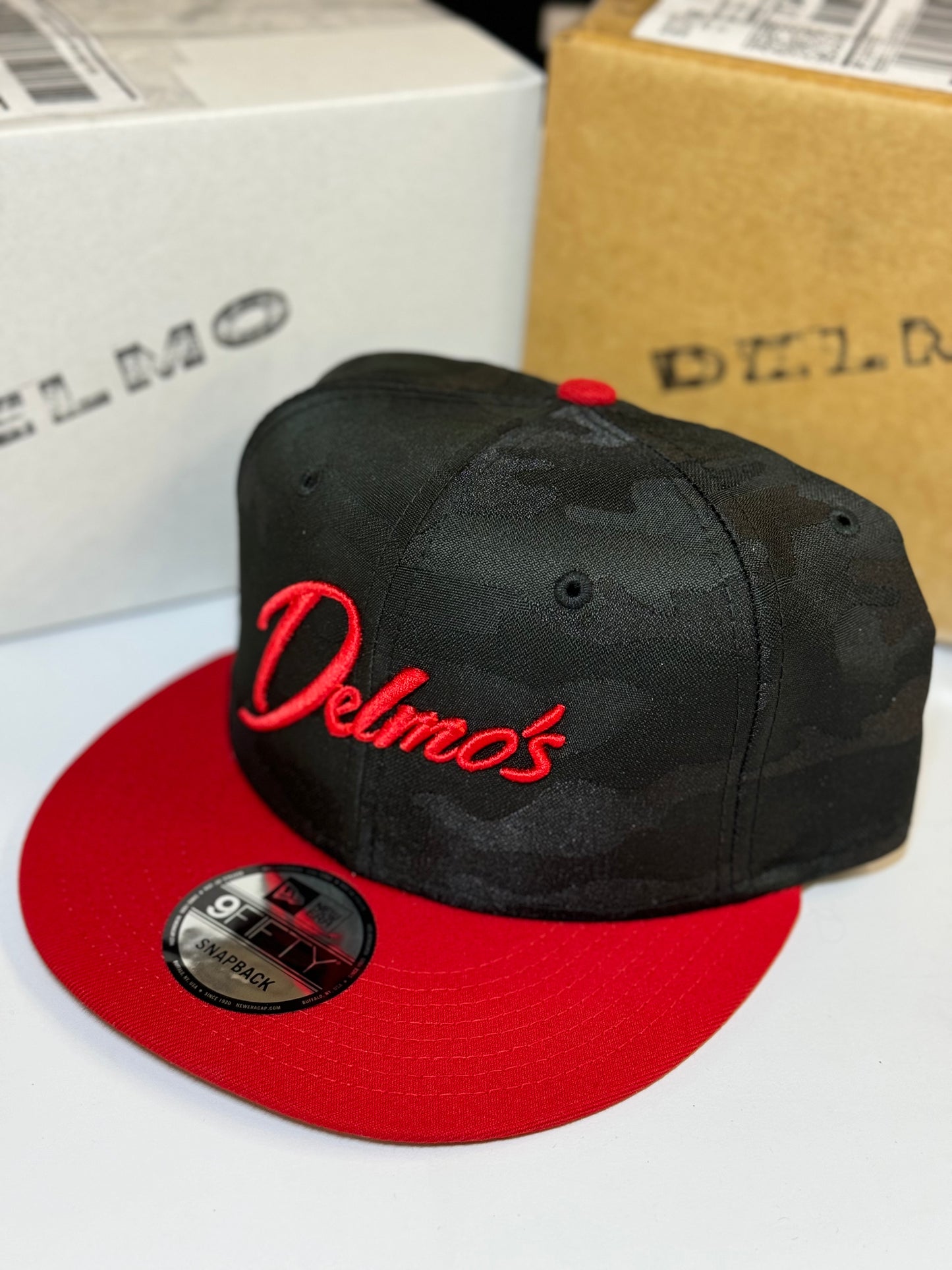 Delmo's Scarlet/Black Camo Embroidered Snapback