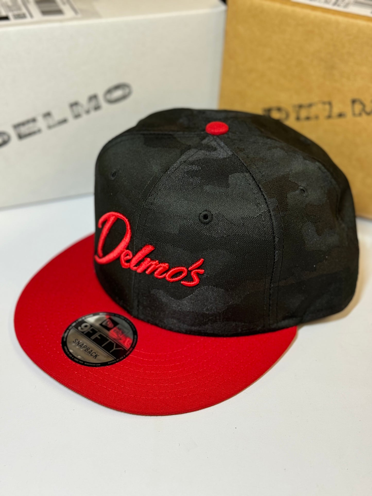 Delmo's Scarlet/Black Camo Embroidered Snapback