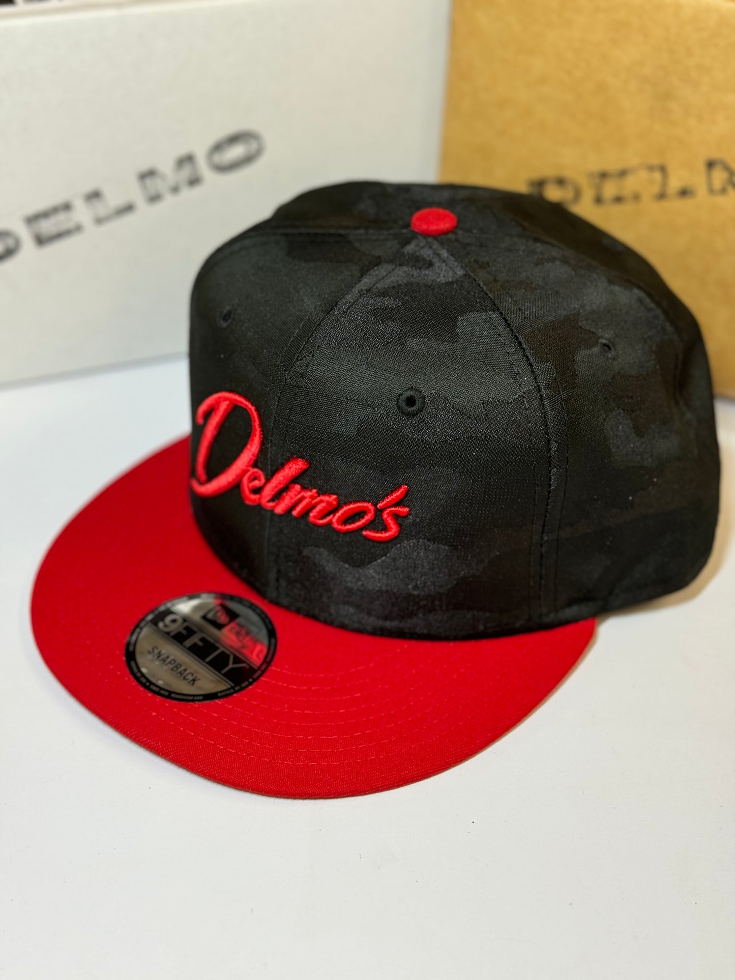 Delmo's Scarlet/Black Camo Embroidered Snapback