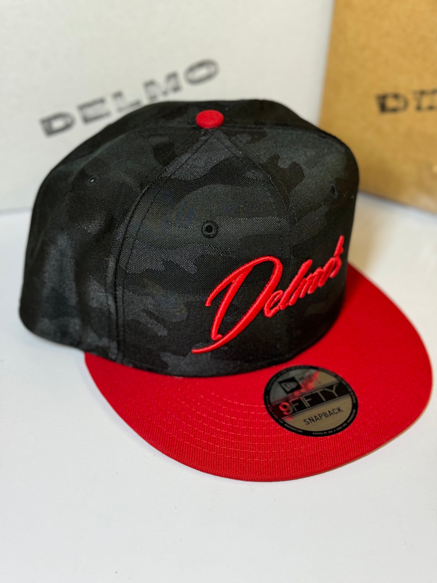 Delmo's Scarlet/Black Camo Embroidered Snapback