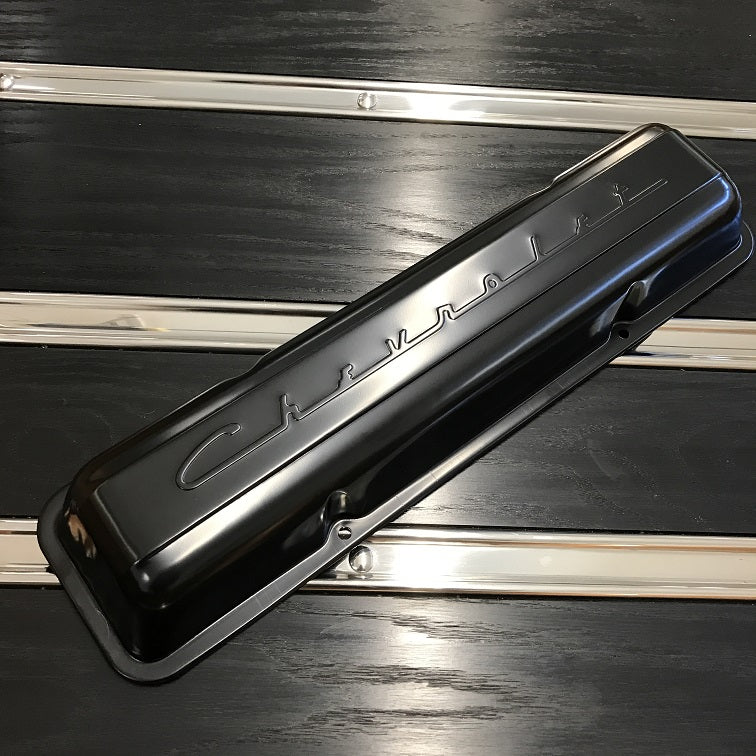 "Chevrolet" Script SB Valve Covers; Black Paint (pair)