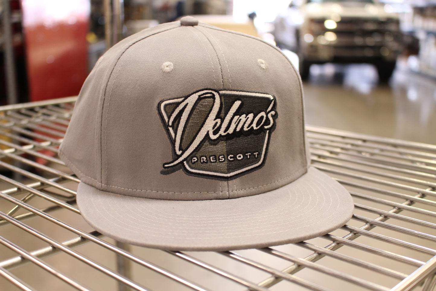 Delmo's Prescott Logo Flat Bill Fitted Light Gray