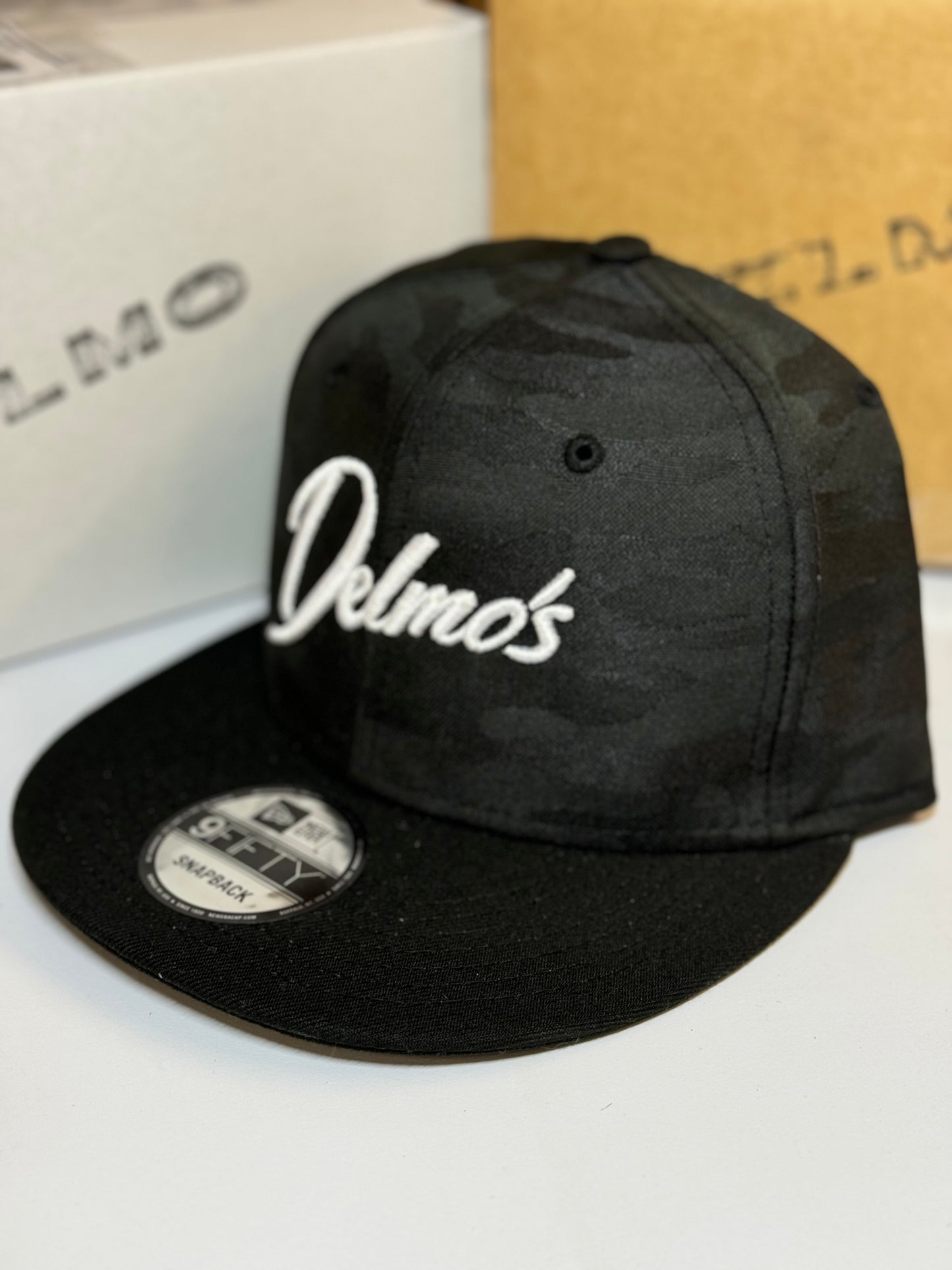 Delmo's Logo Black/Black Camo Embroidered Snapback