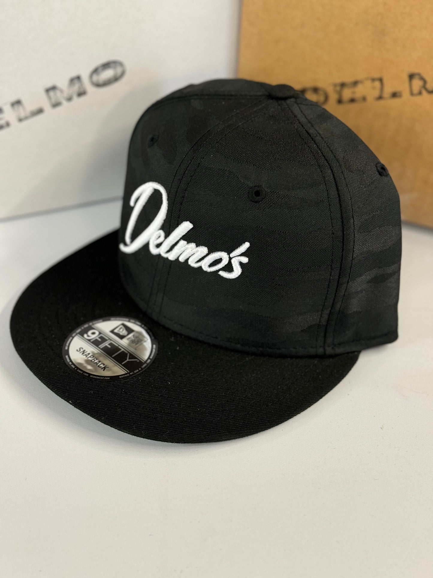 Delmo's Logo Black/Black Camo Embroidered Snapback