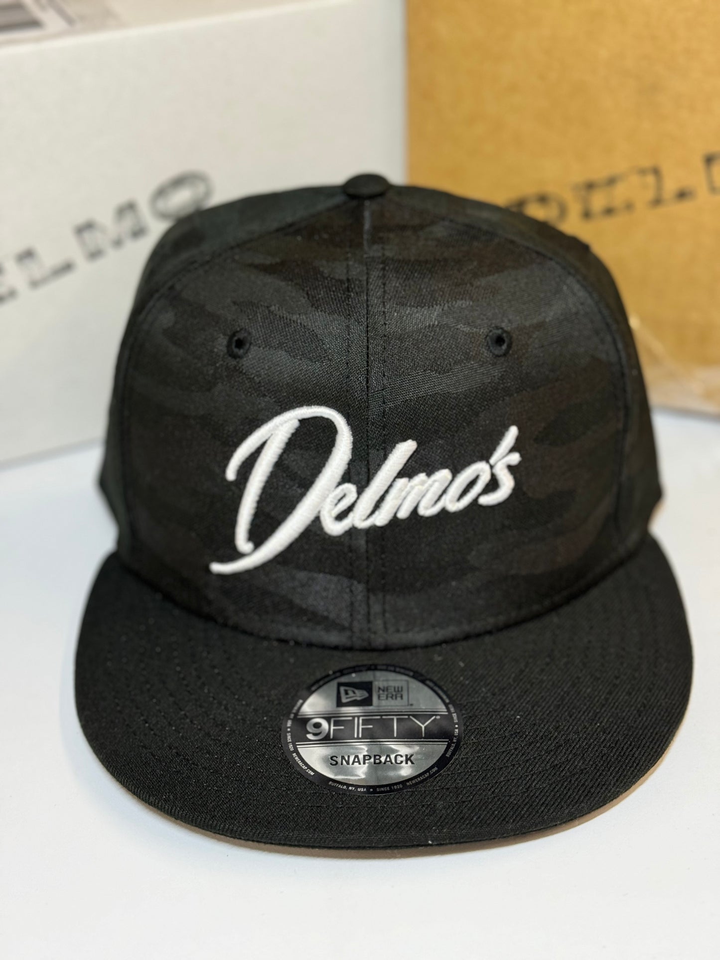 Delmo's Logo Black/Black Camo Embroidered Snapback