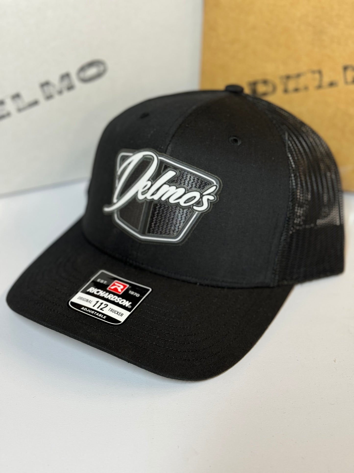 Delmo's Logo Black/Black Mesh Precurved Snapback